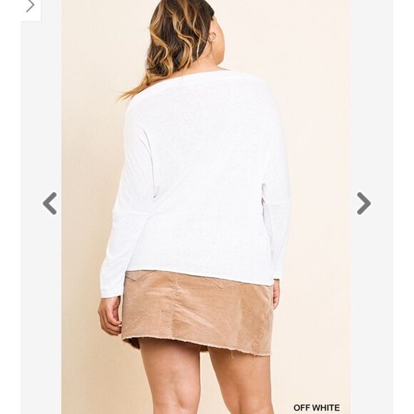 LONG Sleeve Knit Off Shoulder Faux Button Front Top with Waist Tie and Scoop Hem - Picture 3 of 3